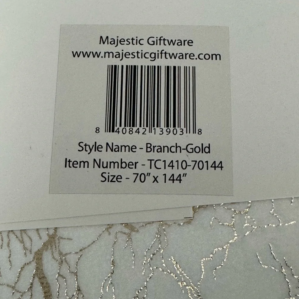 New Majestic Giftware Velvet Rectangle Tablecloth White With Gold Branch Print